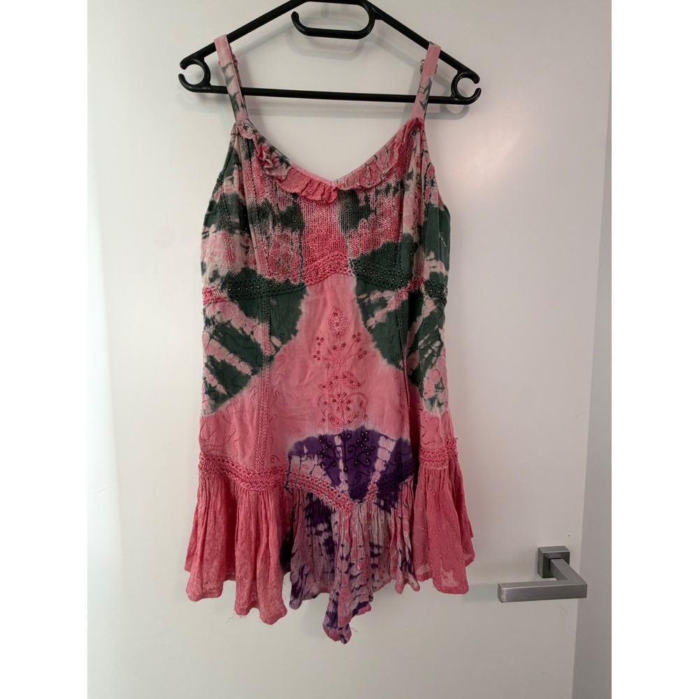 L.S.I. Beaded Fairy Grunge Babydoll Top Pink Tie Dye Y2K Camisole Medium